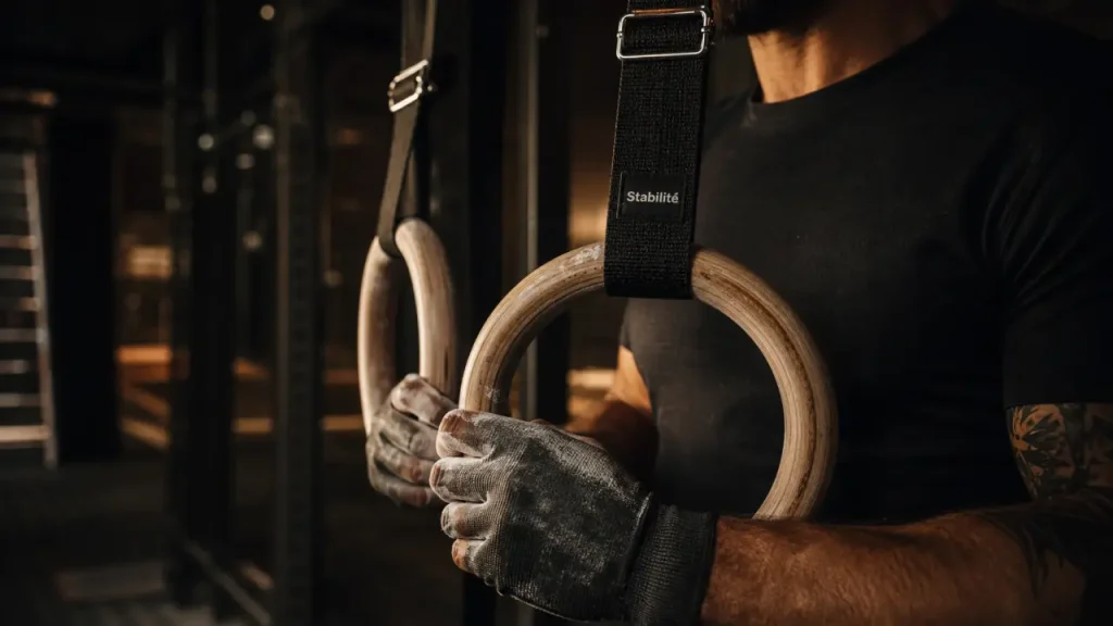 Anneaux gymnastique en bois et sangles pour la stabilité