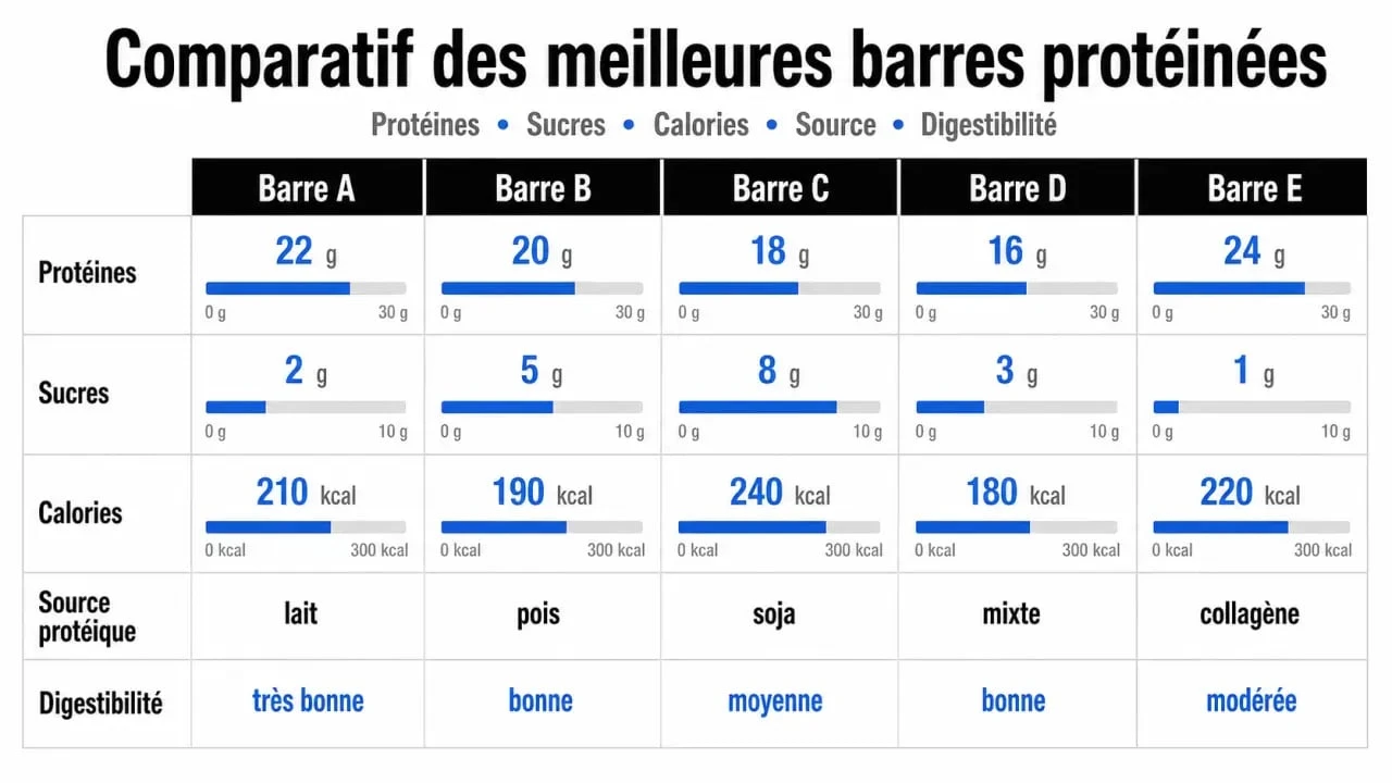Comparatif des meilleures barres protéinées selon protéines, sucres, calories et digestibilité
