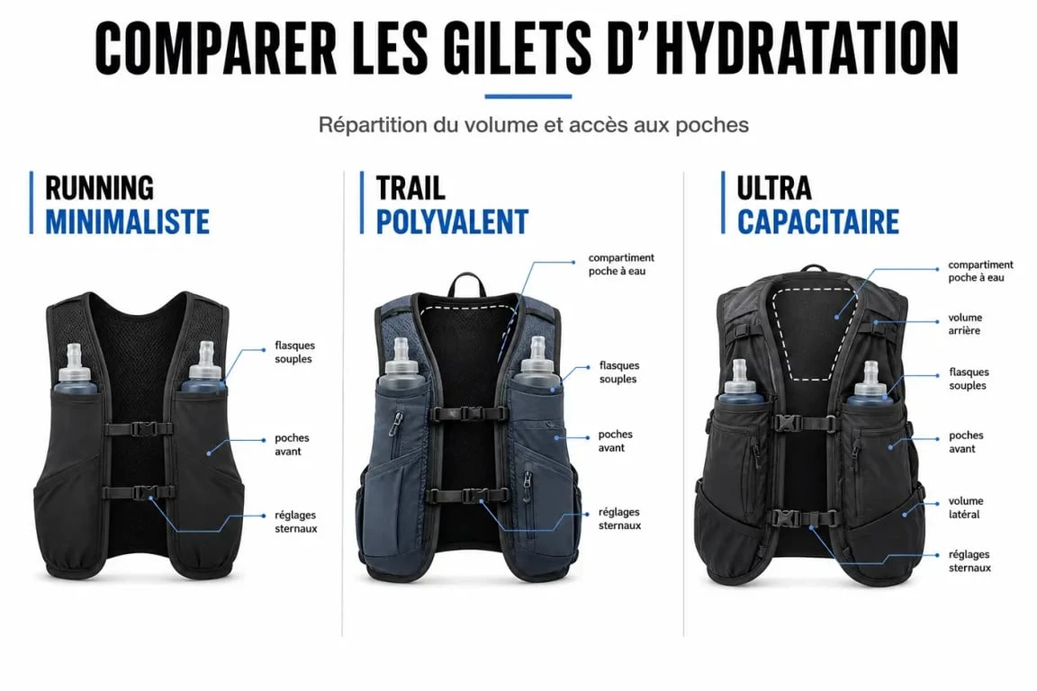 Comparatif de gilet hydratation pour running, trail et ultra, montrant les poches, flasques et poche à eau