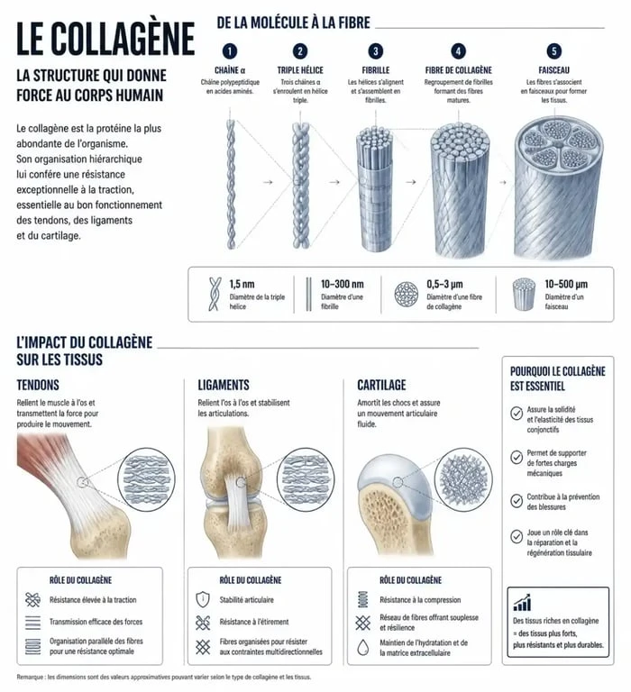 Schéma illustrant les bienfaits du collagène sportif sur les tissus conjonctifs et articulations
