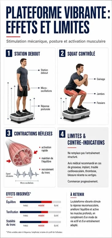 Plateforme vibrante bienfaits : schéma des effets sur les muscles, l’équilibre et la circulation
