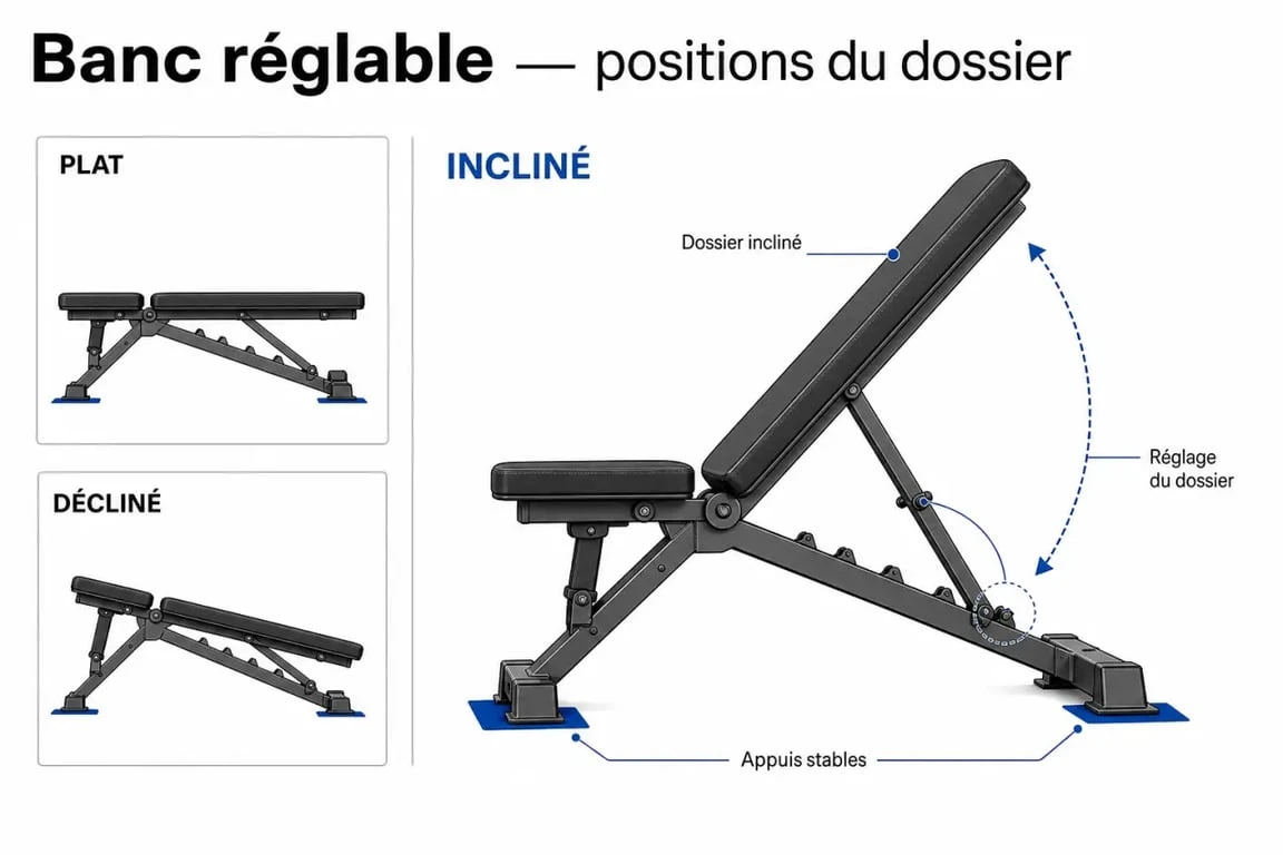 Schéma du panneau incliné sur banc de musculation avec positions plat, incliné et décliné