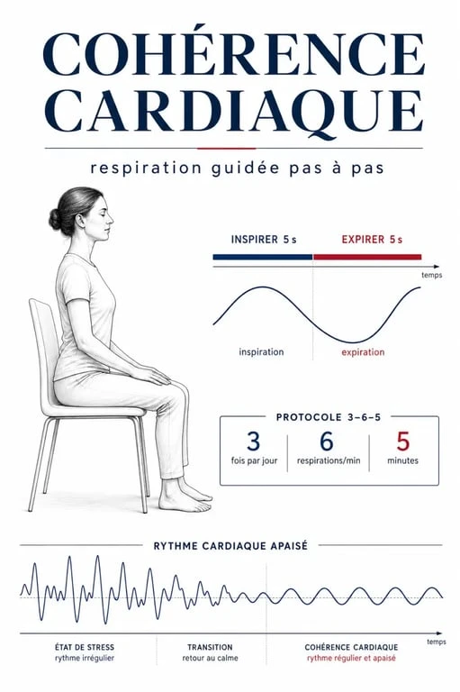 La cohérence cardiaque: mode d'emploi avec respiration 5 secondes inspiration et 5 secondes expiration