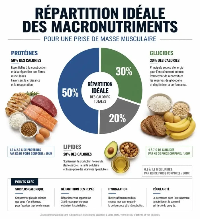 Infographie sur la répartition des macronutriments pour une alimentation prise de masse musculaire efficace