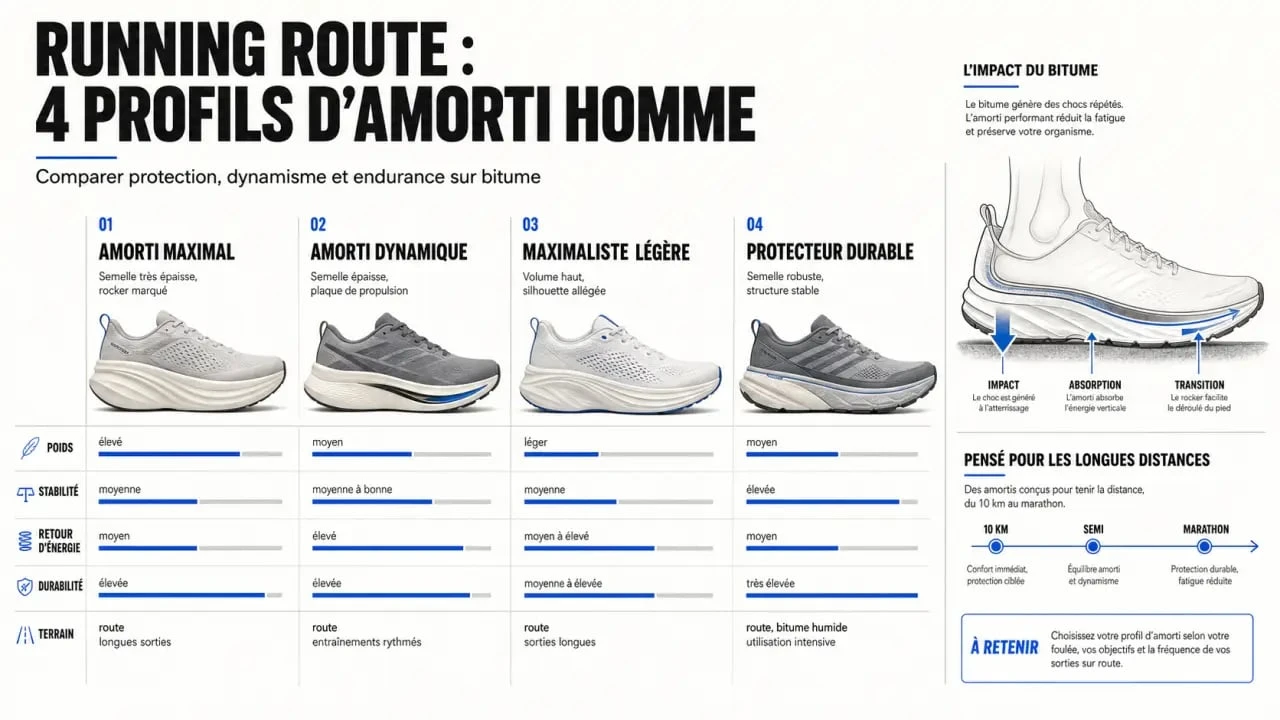 Infographie sur la chaussure running amorti maximum homme avec comparaison des critères amorti, dynamisme, stabilité et durabilité
