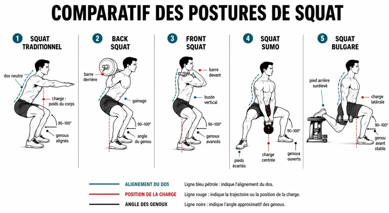 Infographie comparative des différents types de squats et leurs bénéfices musculaires