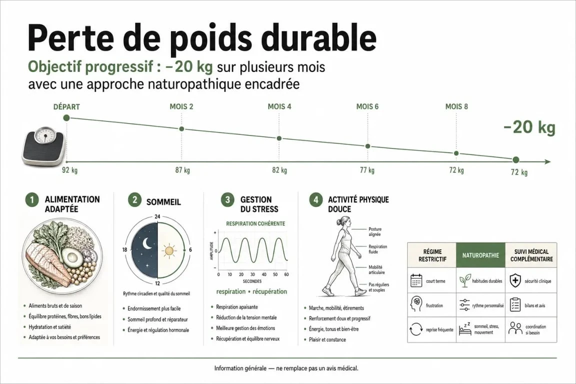 Perdre 20 kg avec la naturopathie : schéma éditorial des facteurs de réussite et du rythme de progression