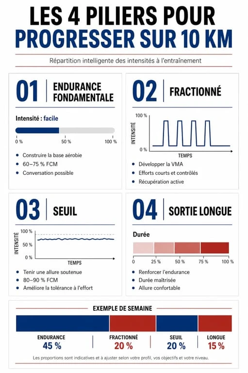 Infographie des séances clés pour préparer un 10km : endurance, fractionné, seuil et sortie longue