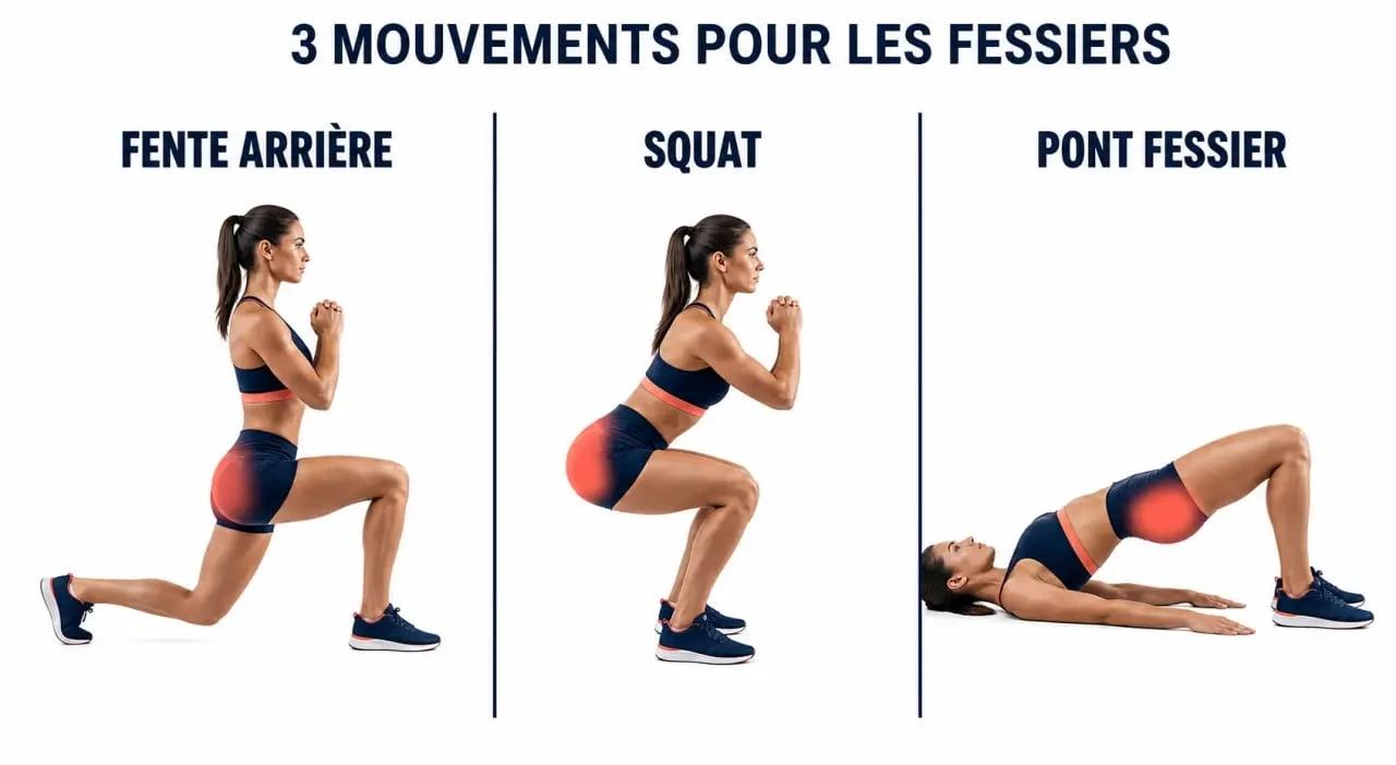 Muscler fessiers : enchaînement fente, squat et pont fessier