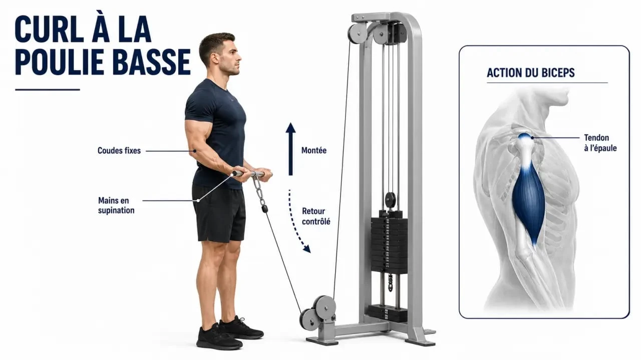 Poulie biceps : schéma du curl à la poulie basse avec posture et trajectoire du mouvement