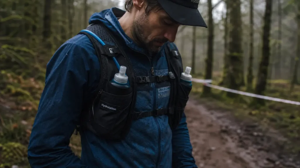 Gilet hydratation trail noir bien ajusté avec poche d’eau et flasques souples