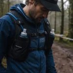 Gilet hydratation trail noir bien ajusté avec poche d’eau et flasques souples