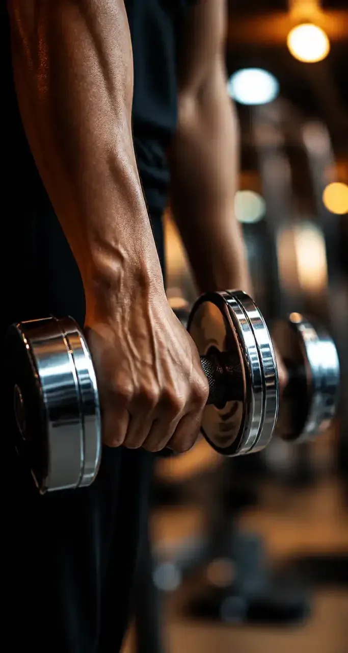 Gros plan sur des haltères chromés, détail de matériel de musculation