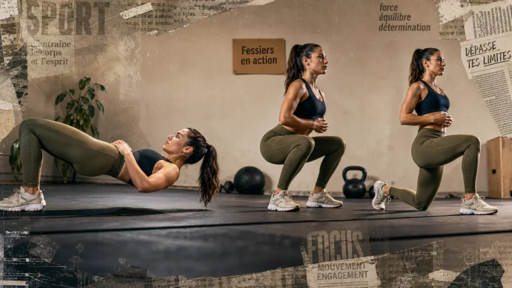 Muscler fessiers : pont fessier, squat et fente arrière en salle de sport