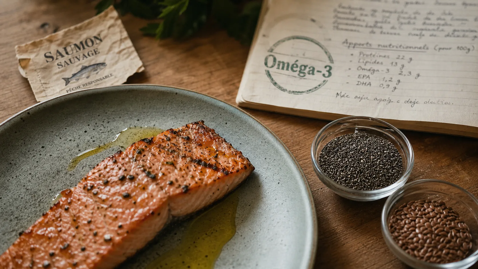 Oméga 3 et perte de poids : saumon, graines chia et lin, satiété et inflammation