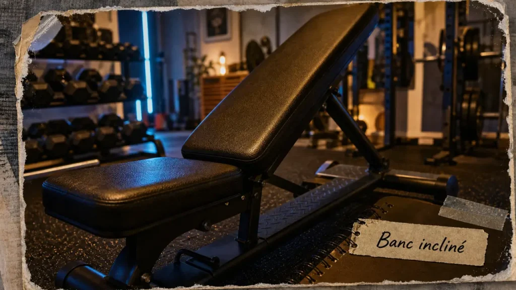 Panneau incline sur banc de musculation, stabilité et confort en home gym