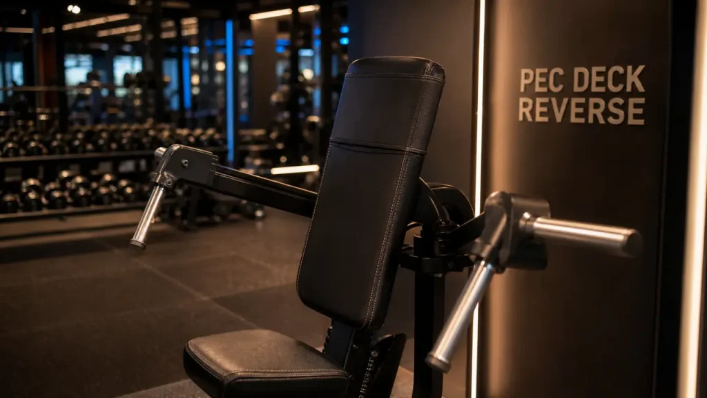Pec deck reverse en salle de sport, réglages et bras écartés