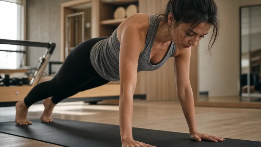 Pilates avant après : femme fait un gainage, posture plus droite