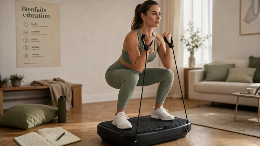 Plateforme vibrante bienfaits : squat contrôlé sur plateforme noire antidérapante