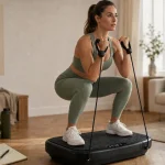 Plateforme vibrante bienfaits : squat contrôlé sur plateforme noire antidérapante