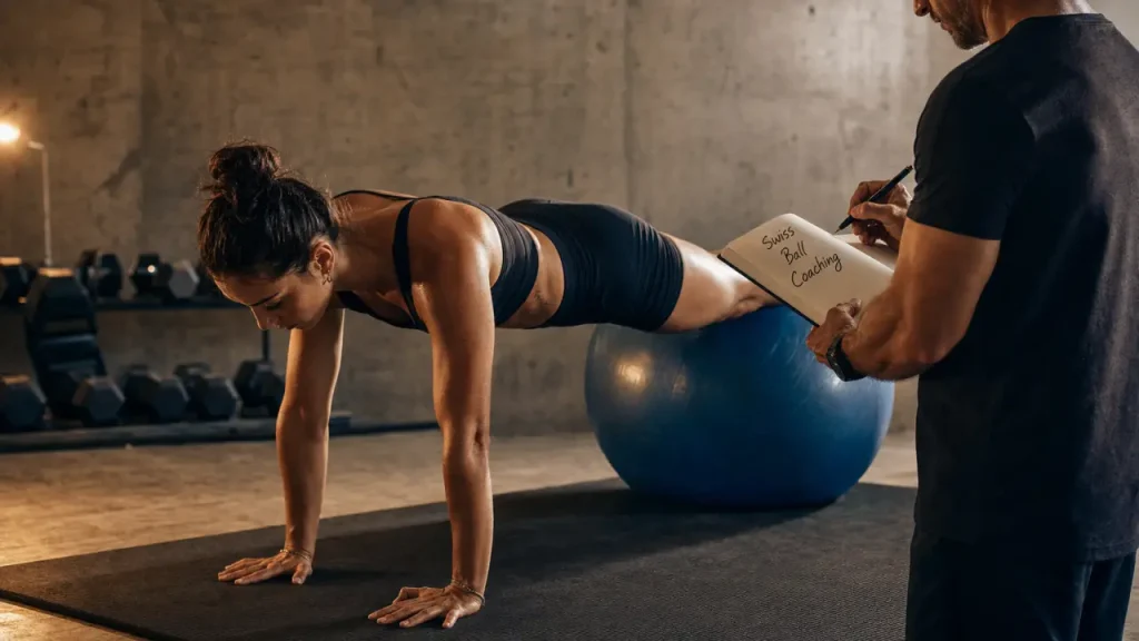 Swiss ball coach sportif : femme en gainage sur swiss ball instable