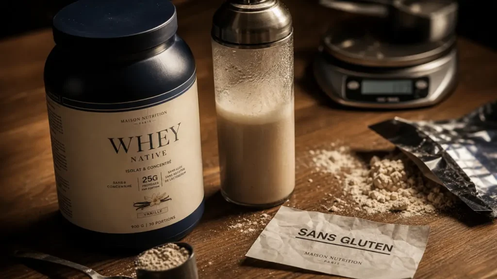 Photo whey sans gluten : étiquette et test contre contamination croisée