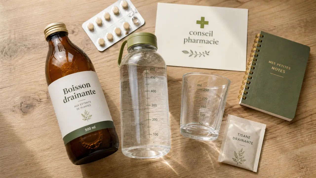Boisson drainante pharmacie : flacon et tisane drainante