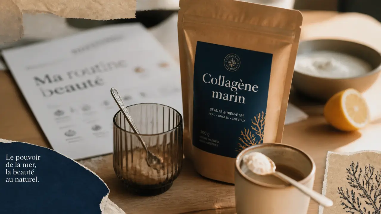 Collagène marin AM Nutrition : poudre en shaker sur table bois claire
