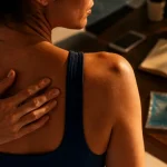Main sur les omoplates du dos, pour soulager une douleur entre les omoplates