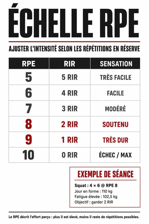 Infographie rpe musculation sur l'échelle RPE, les répétitions en réserve et l'ajustement des charges
