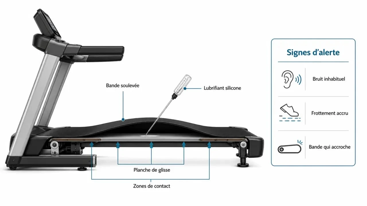Lubrifiant tapis de course : schéma éditorial de l’application sous la bande et des zones de frottement