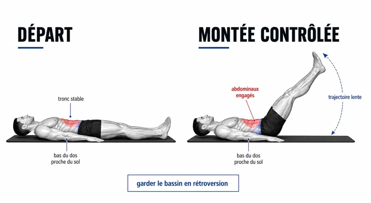 Schéma du relevé de jambes montrant la position de départ et la rétroversion du bassin
