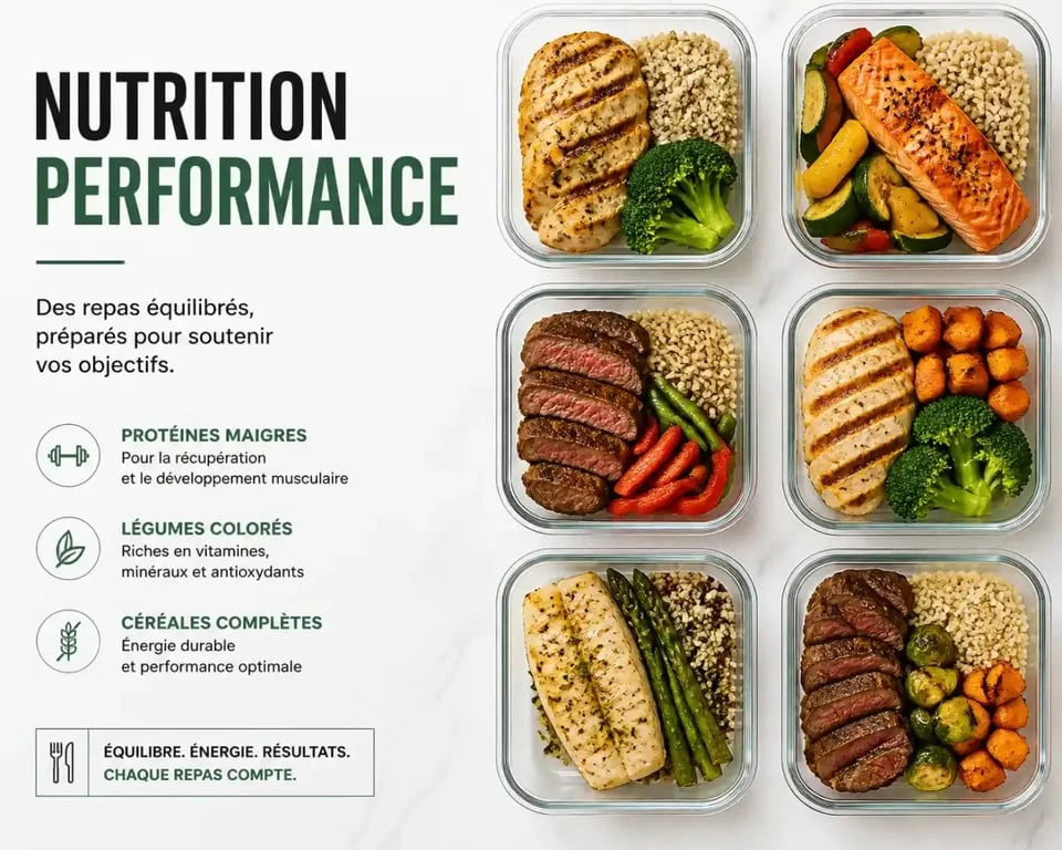 Exemple de meal prep sportif dans des boîtes en verre avec des repas équilibrés