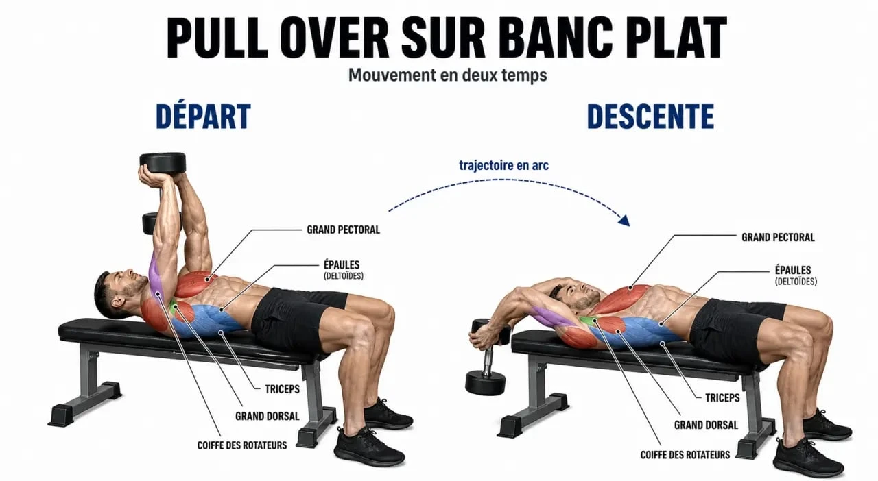 Pull over musculation : schéma anatomique de l'arc de mouvement et des muscles sollicités