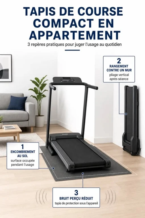 Tapis de course en appartement : infographie comparative entre walking pad et tapis pliable, avec encombrement, bruit et rangement