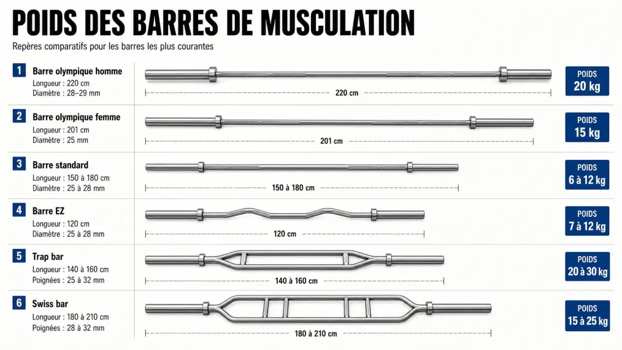 Poids barres musculation : infographie comparative des principaux types de barres et de leurs dimensions