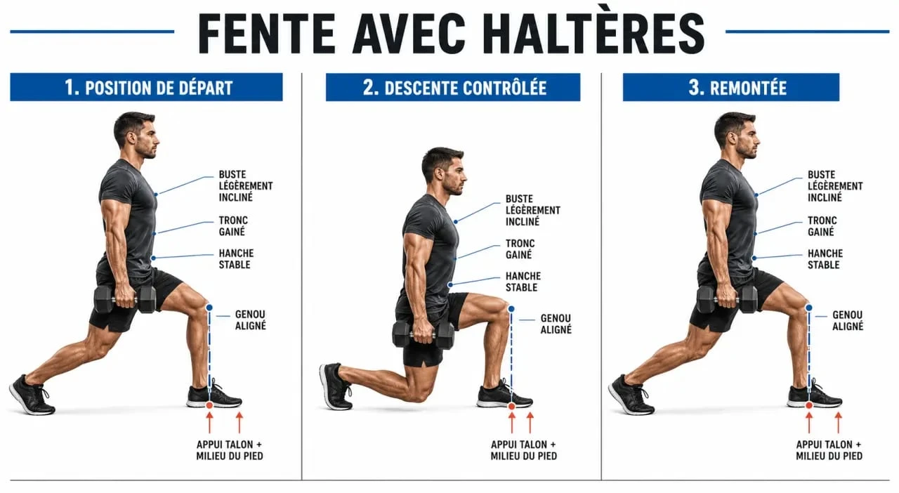 Fentes avec haltères illustrées en trois étapes avec alignement du genou et du buste