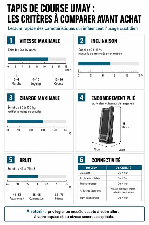 Comparatif des modèles umay tapis de course avec vitesse, inclinaison, charge maximale et encombrement