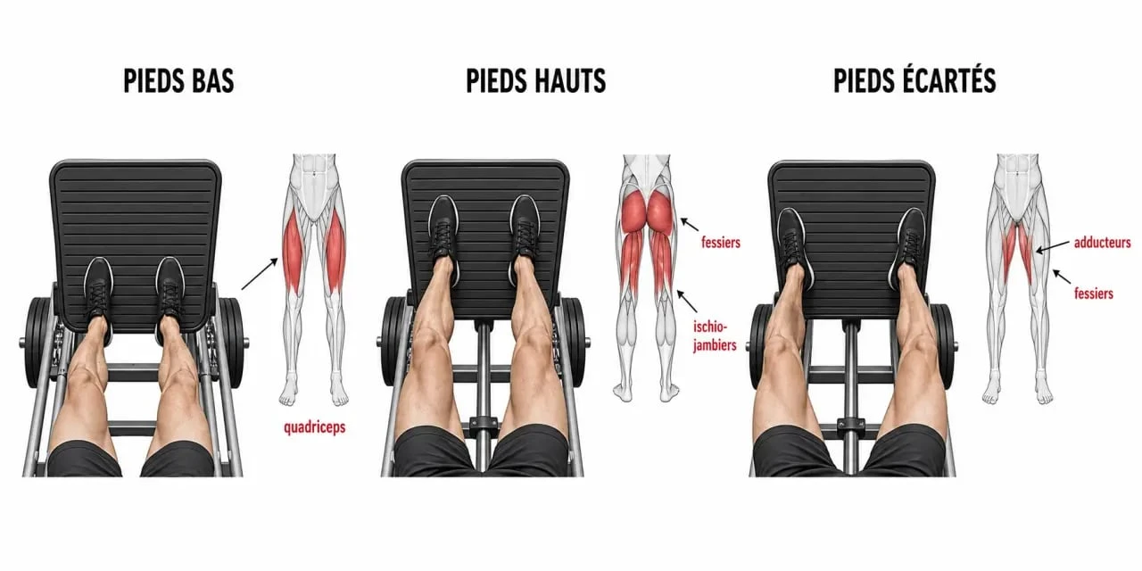 Placement des pieds sur une presse musculation pour varier le travail musculaire