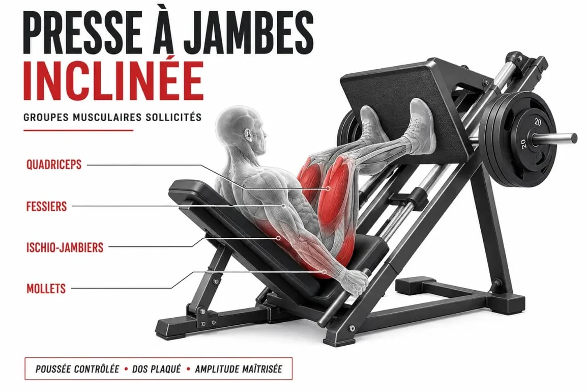 Schéma des muscles travaillés sur une presse musculation