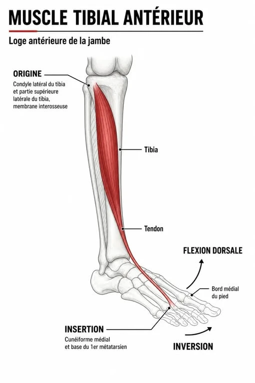 Schéma du muscle tibial antérieur montrant sa localisation, son trajet et ses insertions
