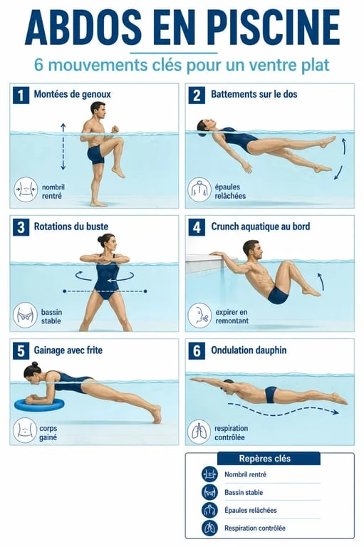 Abdos piscine ventre plat : six exercices illustrés avec les positions et les repères techniques
