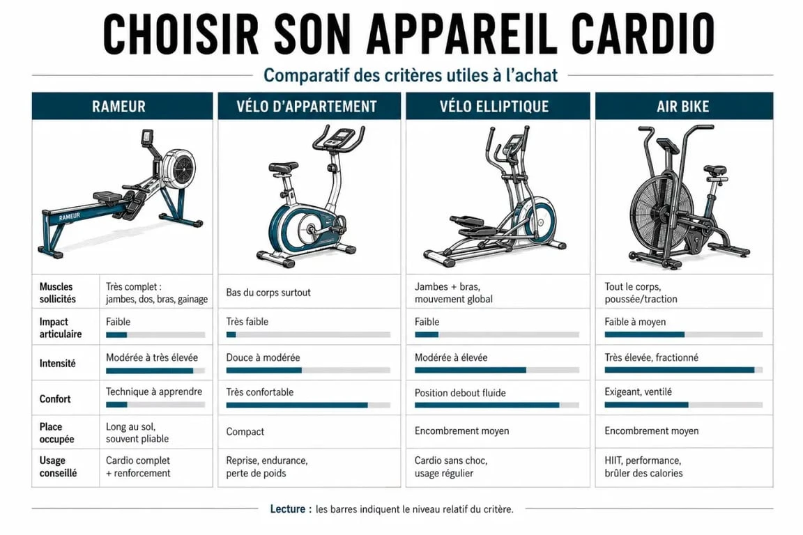 Comparatif rameur velo entre rameur, vélo d’appartement, vélo elliptique et air bike