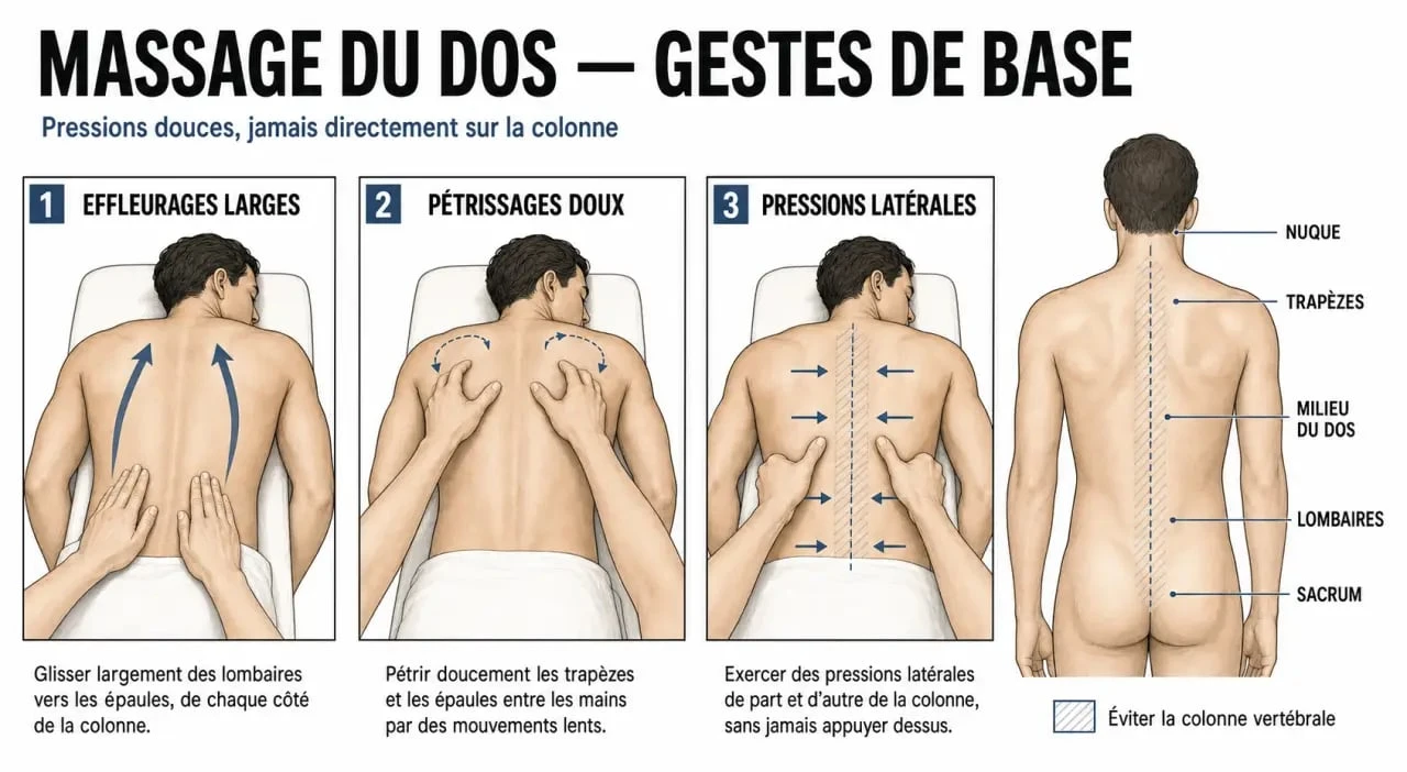 Technique de massage pour le dos : illustration des gestes de base, des zones à traiter et des précautions