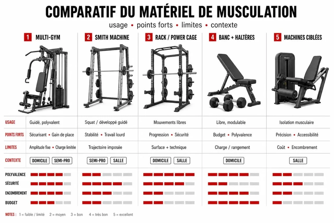 Comparaison du materiel musculation entre multi-gym, Smith machine, rack, banc et haltères, et machines ciblées