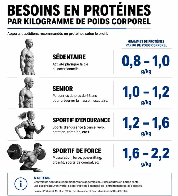 Infographie des besoins en protéines par jour selon le profil et le poids corporel