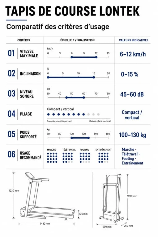 Tapis de course Lontek : comparaison des critères clés entre marche, télétravail, footing et entraînement