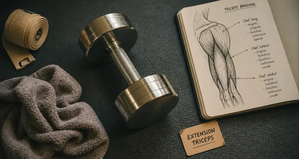 Extension triceps haltères : haltère et schéma triceps sur tapis de musculation