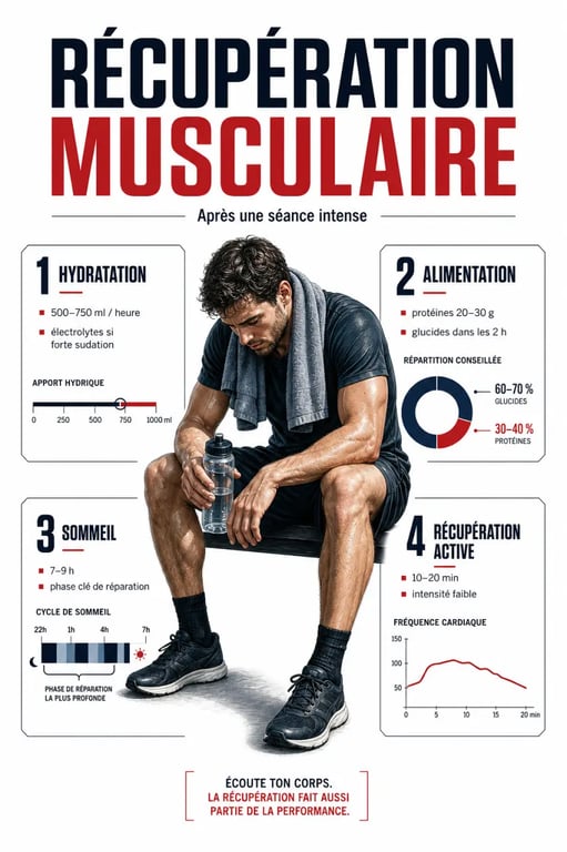 Comment optimiser sa récupération musculaire après une séance intense : visualisation des priorités hydratation, alimentation, sommeil et repos