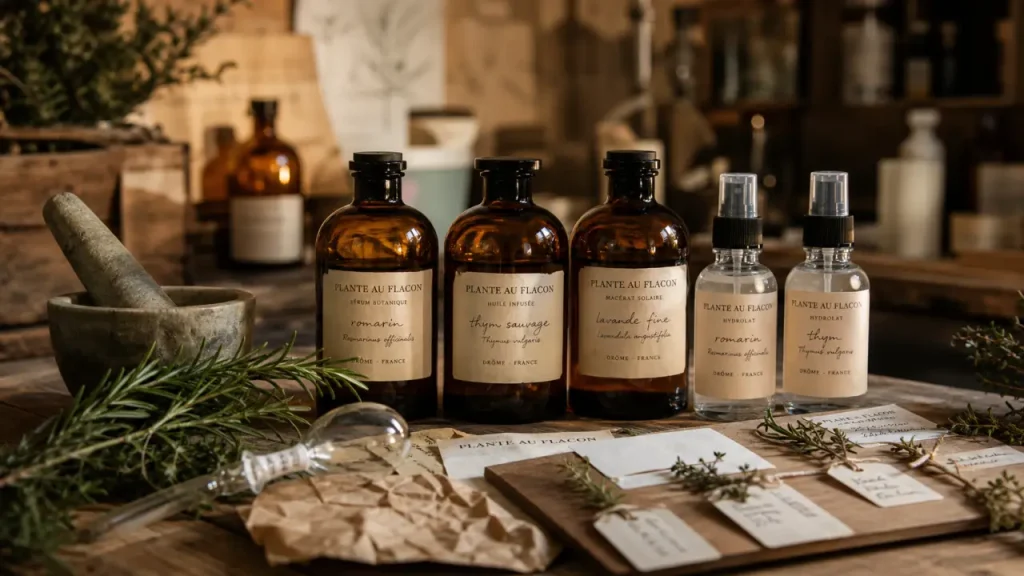 Ladrôme Laboratoire : compléments alimentaires et cosmétiques bio, plantes au flacon sur table en bois